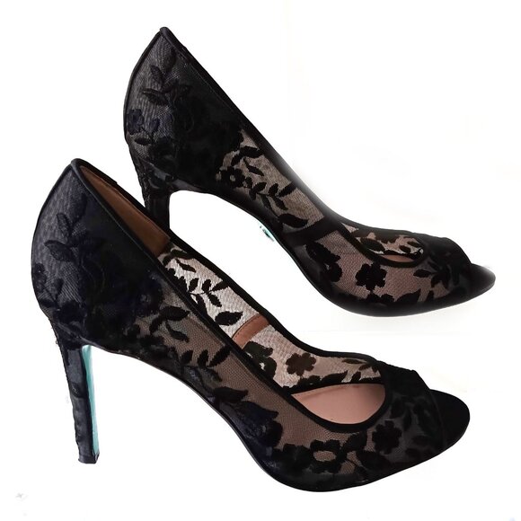 EUC ~ BETSEY JOHNSON ADLEY Black Floral Embroidered Lace Peep Toe Shoes Sz 10 - Picture 4 of 9